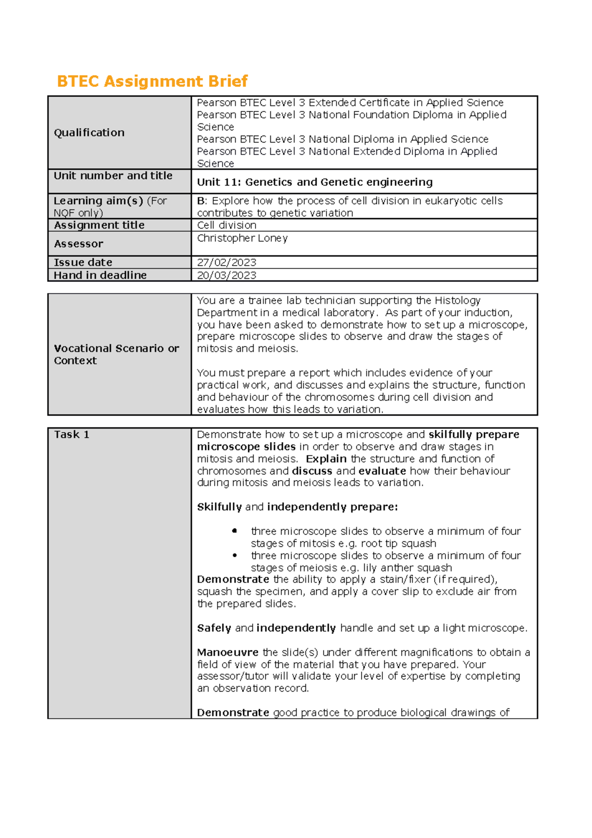 B-Cell Division - BTEC Assignment Brief Qualification Pearson BTEC ...