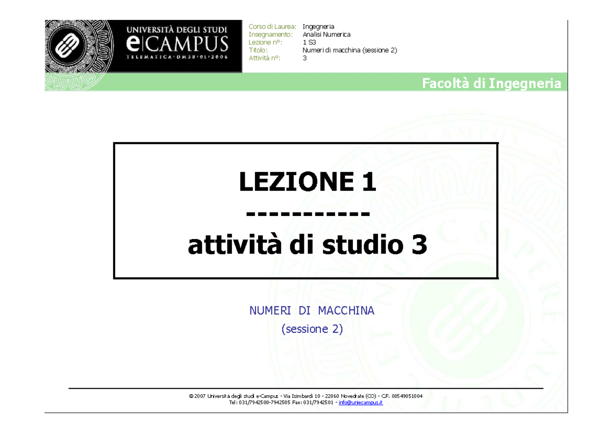 Analisi Numerica 1111 - Facoltà di Ingegneria Lezione n°:Titolo