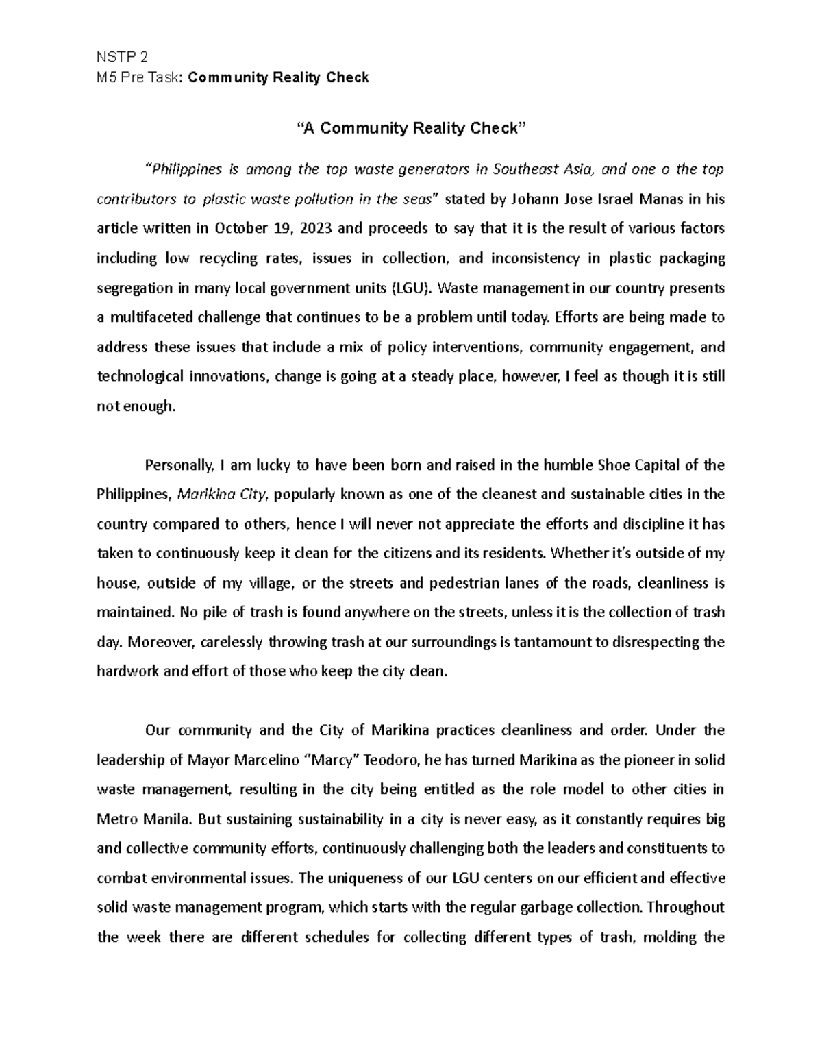 M5 Pre Task Community Reality Check - NSTP 2 M5 Pre Task: Community ...