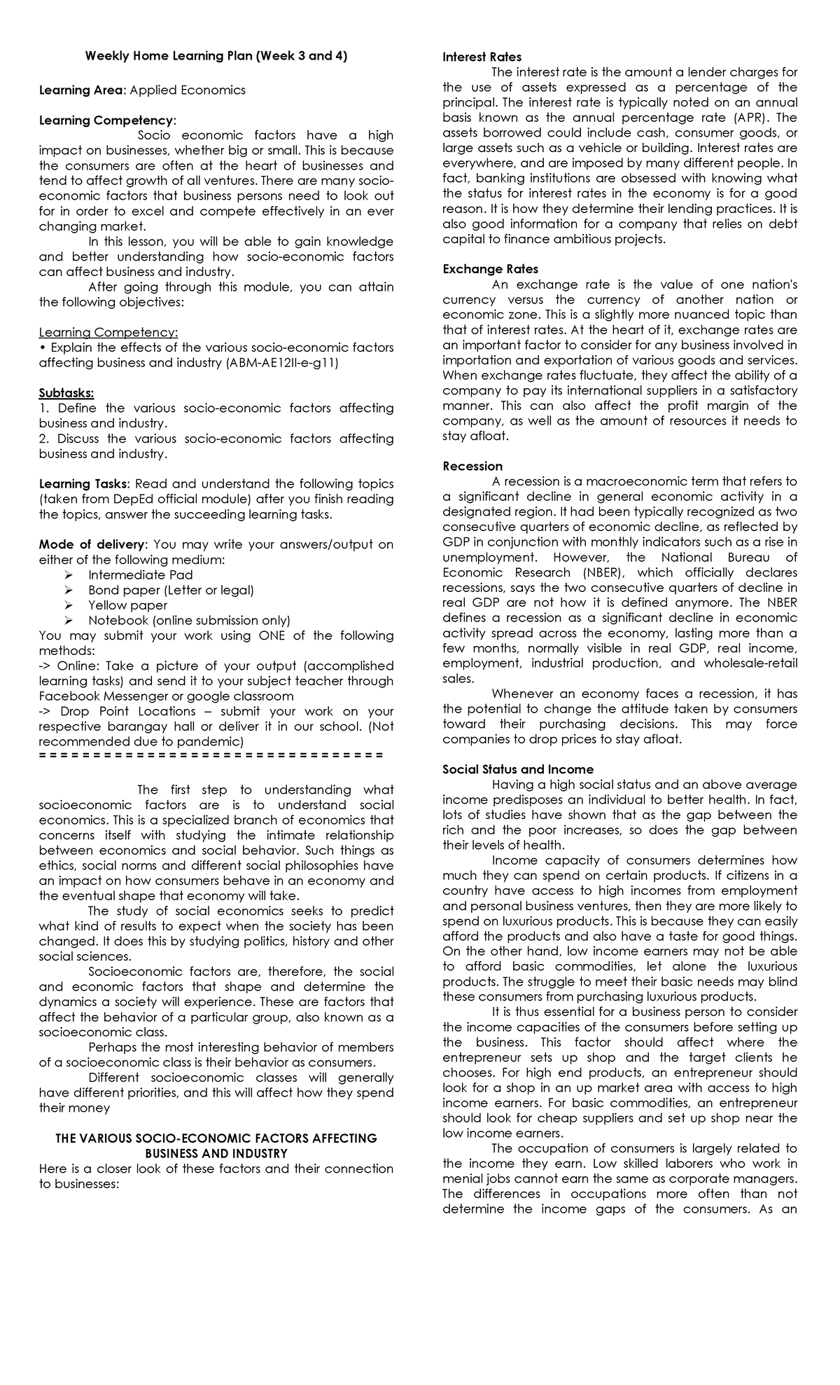 Applied ECO WEEK 34 LAS WHLP - Weekly Home Learning Plan (Week 3 and 4 ...