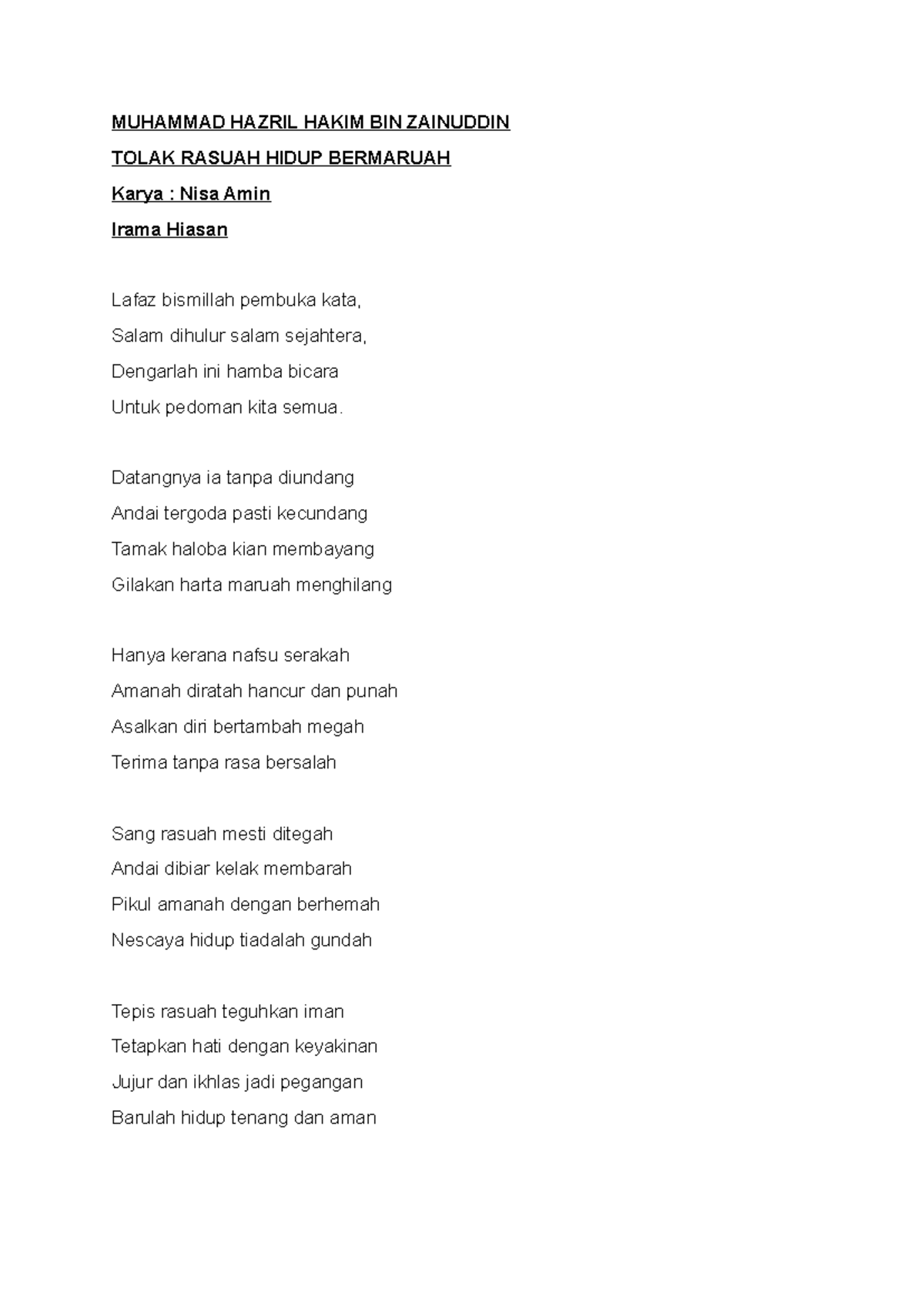 Bangkit Bersama NYAH Rasuah - MUHAMMAD HAZRIL HAKIM BIN ZAINUDDIN TOLAK ...