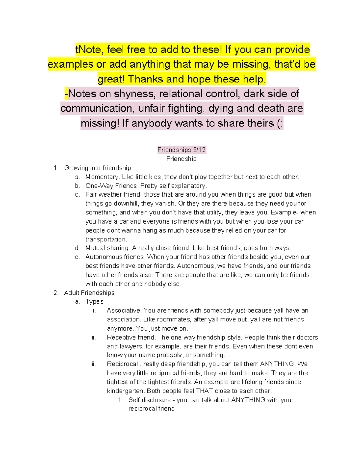 Lecture Notes Final - tNote, feel free to add to these! If you can ...
