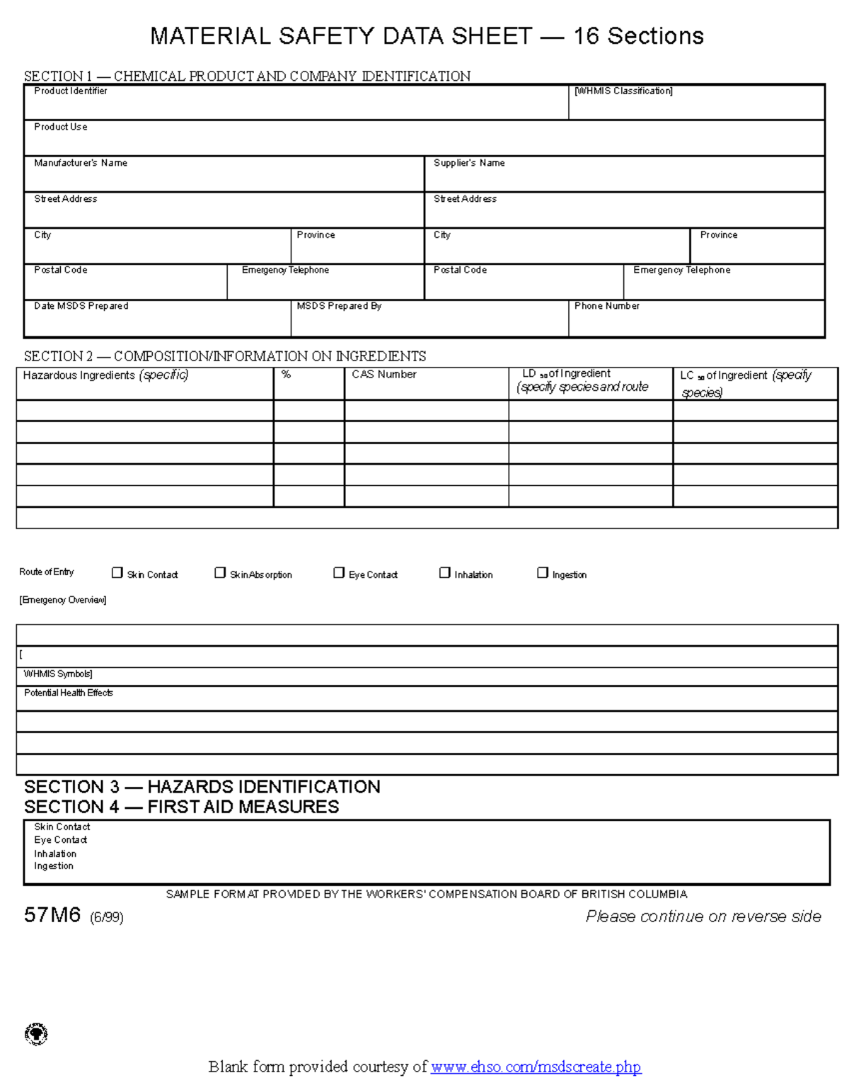 MSDS blank for chemical agents - MATERIAL SAFETY DATA SHEET — 16 ...