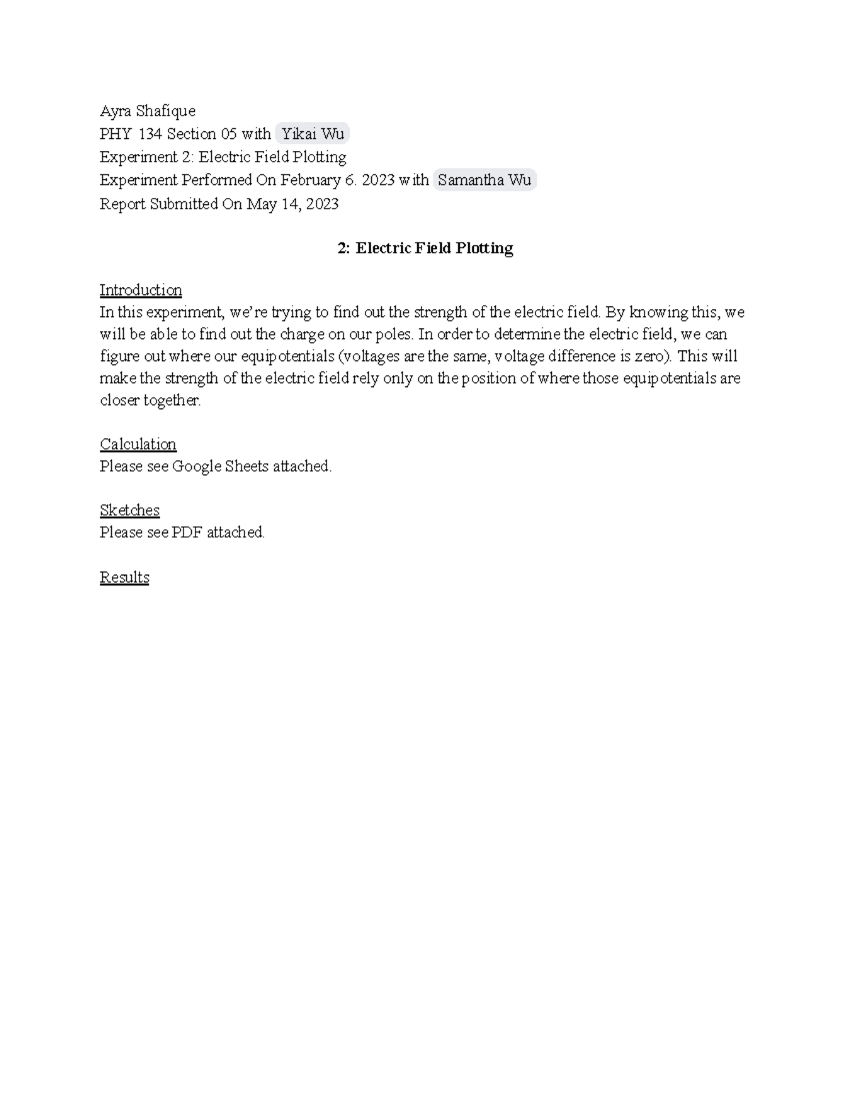 Lab 2 - electric field plotting - Ayra Shafique PHY 134 Section 05 with ...