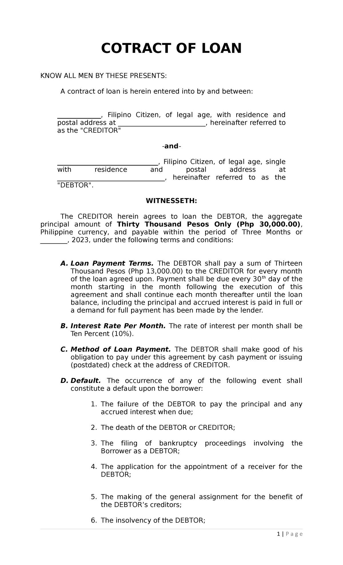 Loan Agreement - COTRACT OF LOAN KNOW ALL MEN BY THESE PRESENTS: A ...