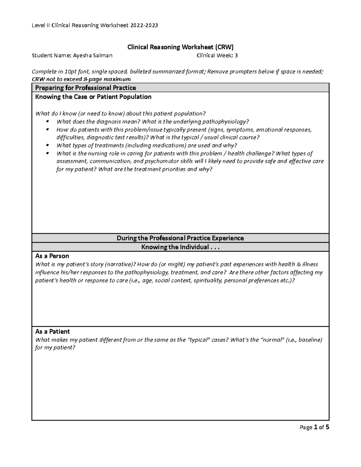 Clinical Reasoning Woksheet - .. As a Person What is my patient’s story ...