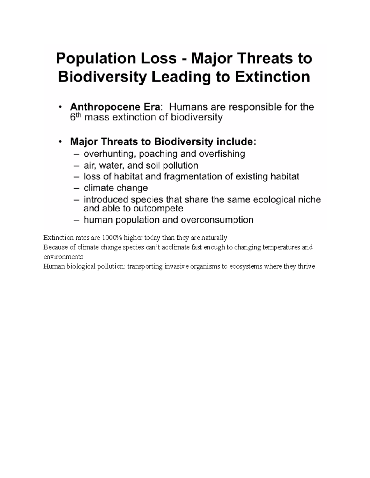 Environmental Notes 11A - Population Loss Major Threats to Biodiversity ...