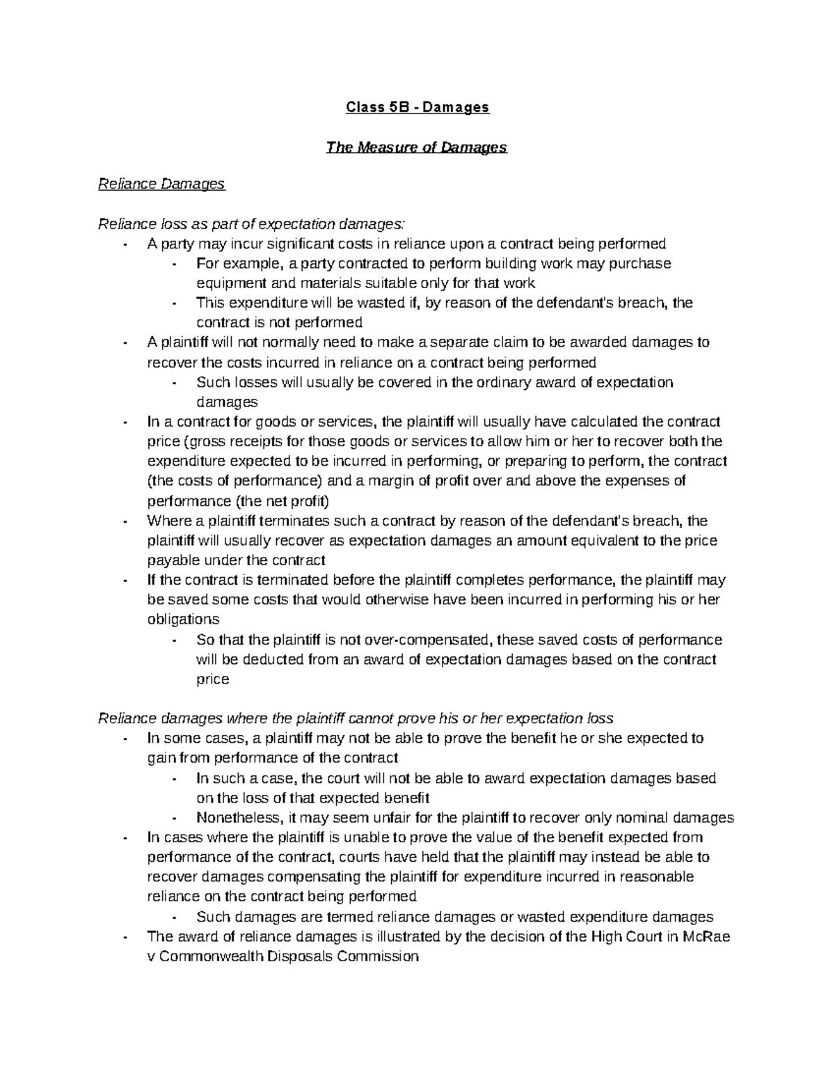 Class 5B - Damages - Class 5B - Damages The Measure of Damages Reliance ...