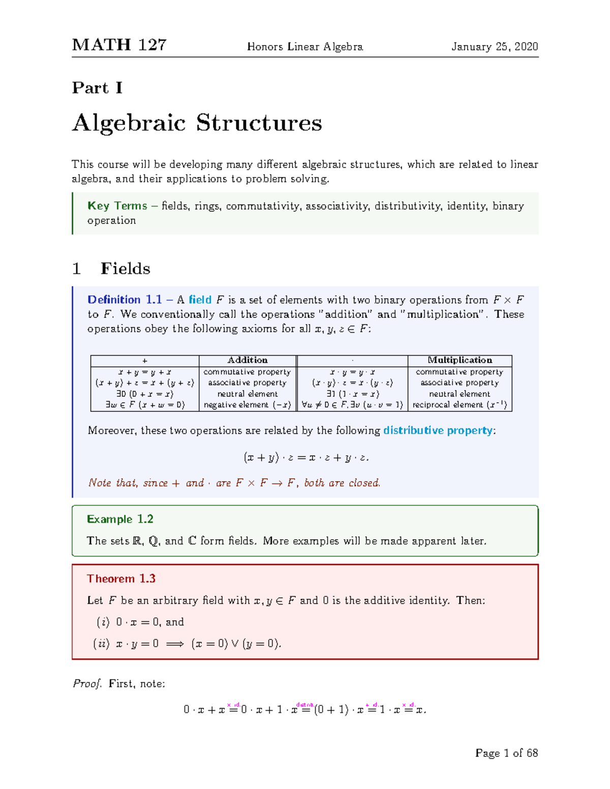 MATH 235-1 - Lecture notes 1 - MATH 127 Honors Linear Algebra January ...