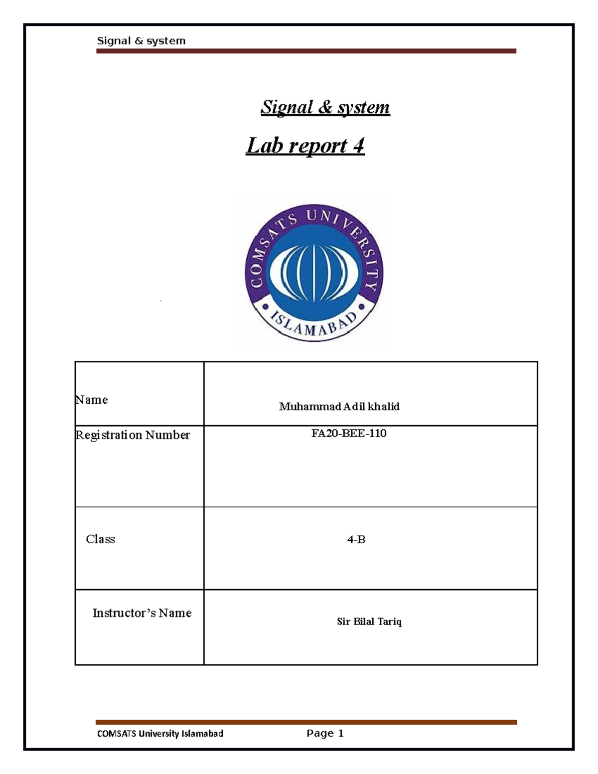 Signal & system lab report 4 roll no 110 - Signal & system Signal ...