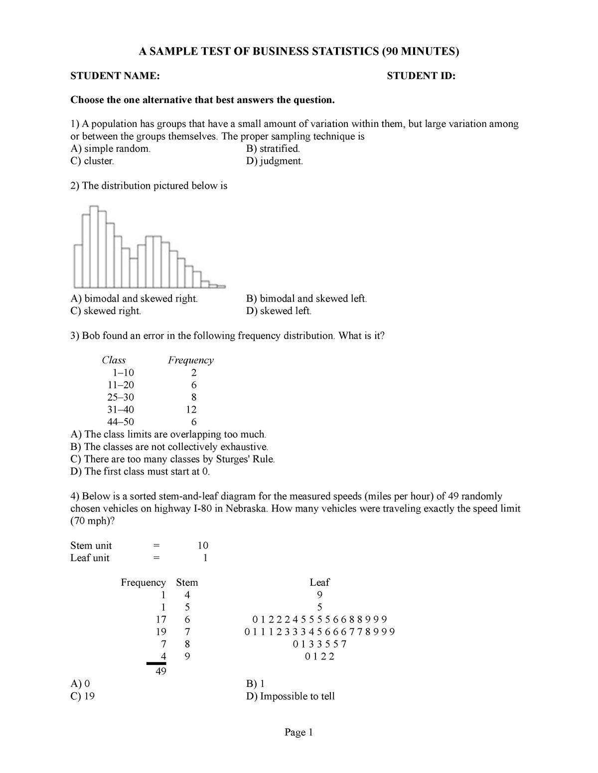 Final Exam 2 - Sample Test - A SAMPLE TEST OF BUSINESS STATISTICS (90 ...