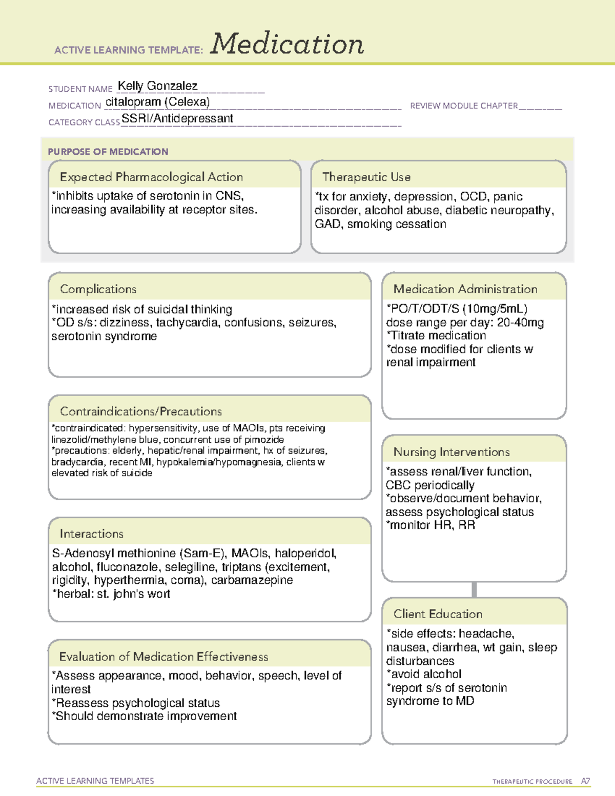 ATI Medication citalopram (Celexa) ACTIVE LEARNING TEMPLATES