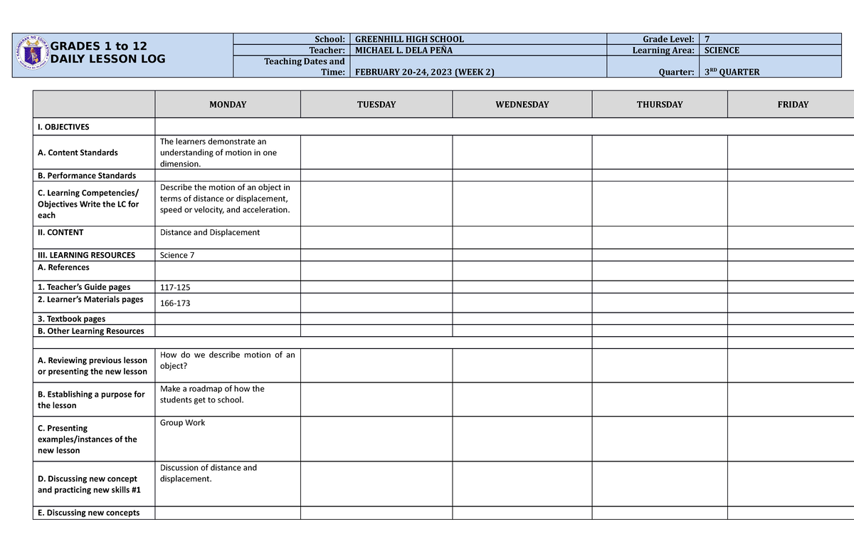 DLL Science Q3 - W2 - GRADES 1 to 12 DAILY LESSON LOG School: GREENHILL ...