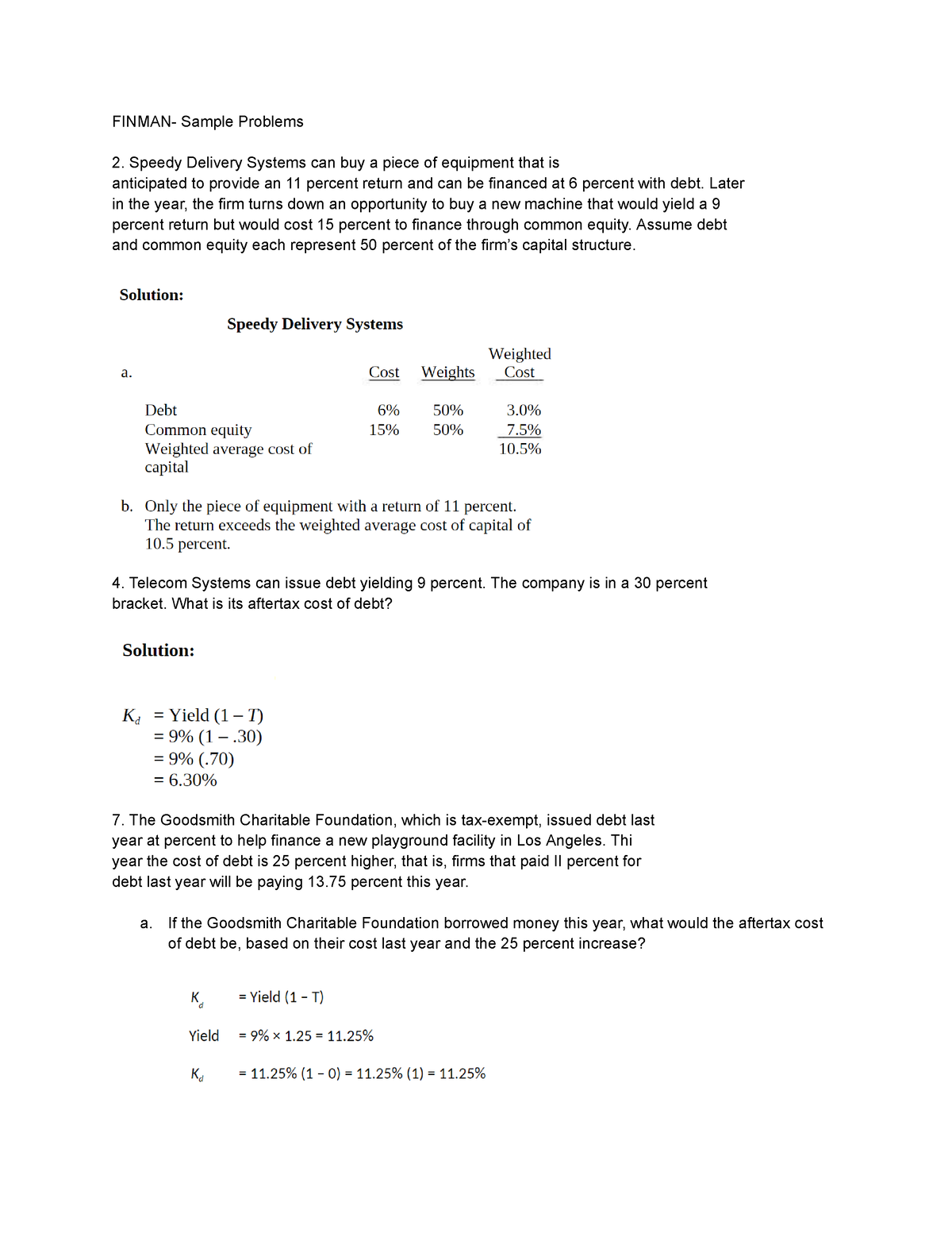 Finman- Sample Problems - FINMAN- Sample Problems 2. Speedy Delivery ...