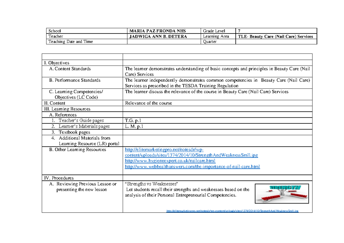 DLL NAIL CARE Relevance of the Course I. Objectives A. Content
