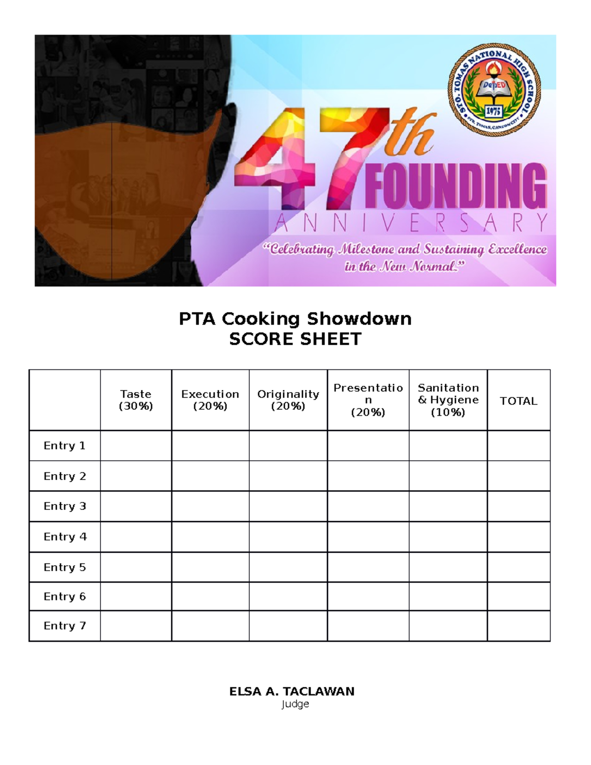 PTA Cooking Showdown Score Sheet - SCORE SHEET Taste (30%) Execution ...