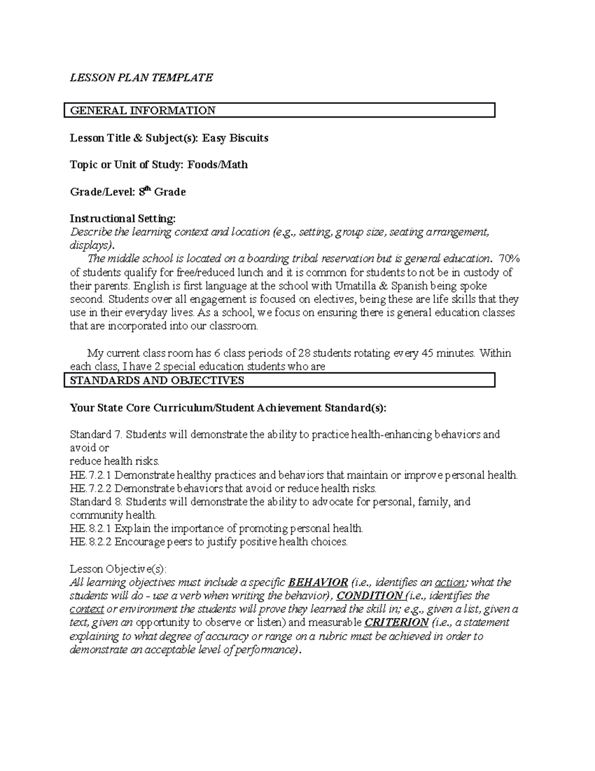 Lesson Plan Biscuits - Lesson Plan Template General Information Lesson 