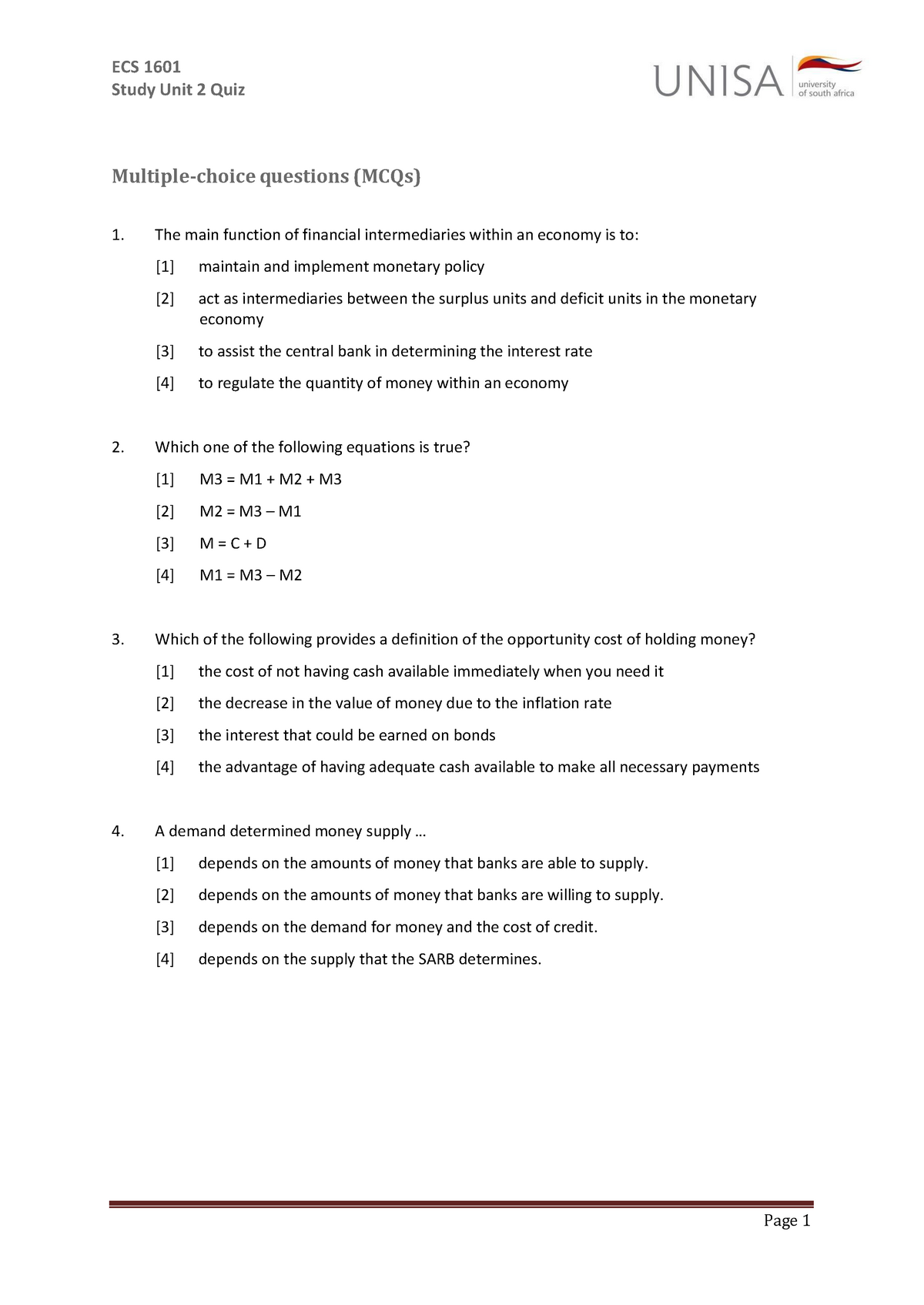 ECS1601+Unit+2+quiz - ECS 1601 Study Unit 2 Quiz Multiple-choice ...