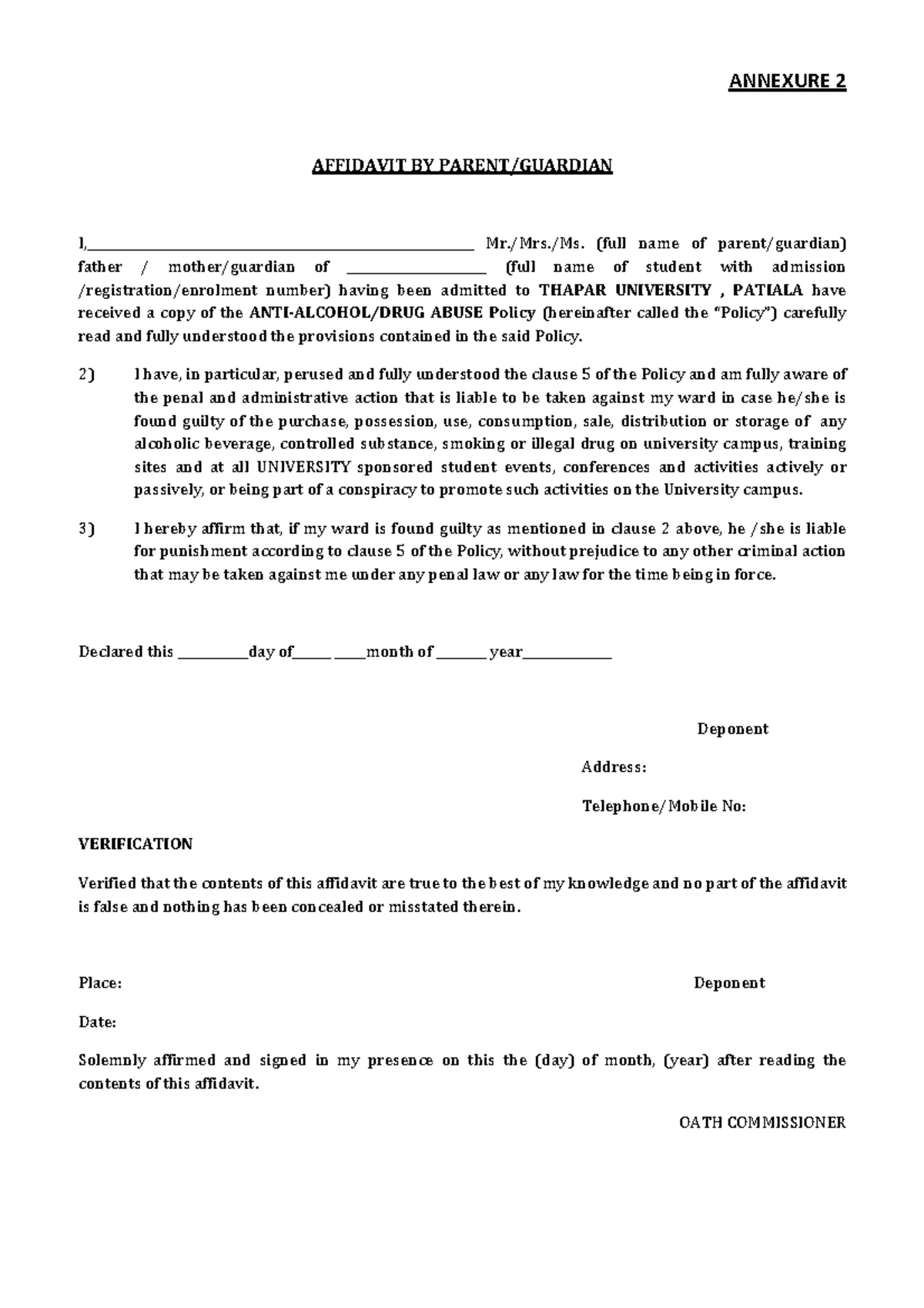 Affidavit Parents ANNEXURE 2 AFFIDAVIT BY PARENT/GUARDIAN Studocu
