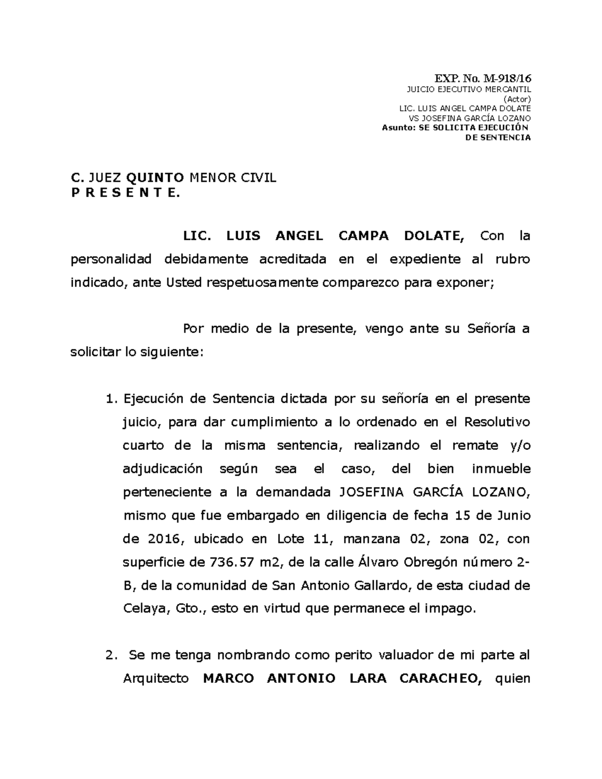 Ejecución DE Sentencia Mercantil - JUICIO EJECUTIVO MERCANTIL EXP. No ...