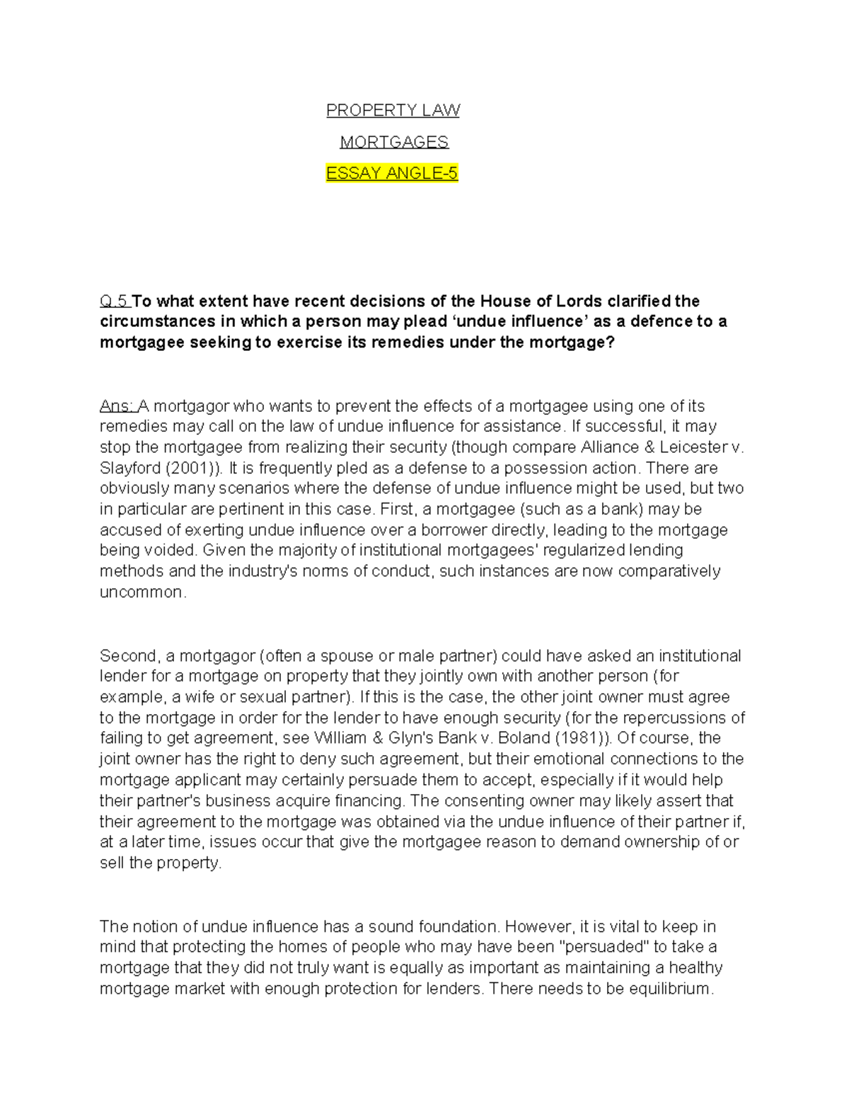 Property Law (Mortgages Essay Angle5)docx PROPERTY LAW MORTGAGES