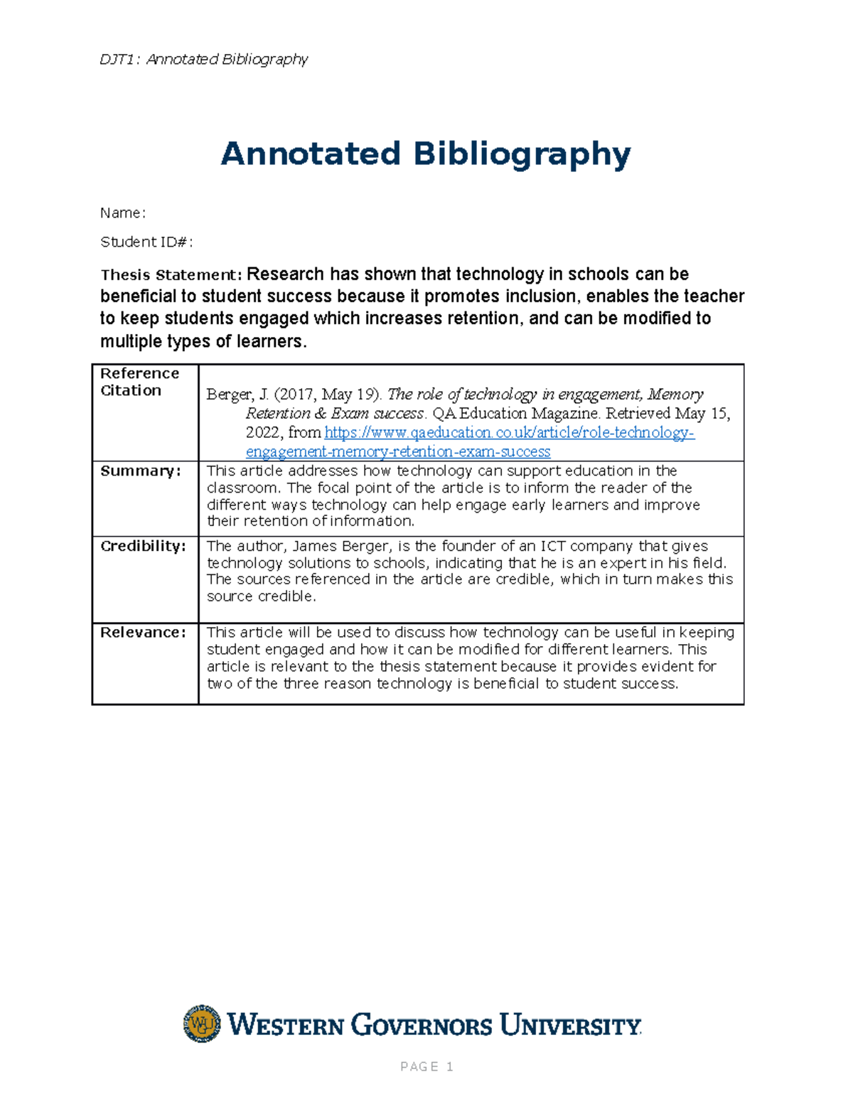 Annotated Bibliography - Annotated Bibliography Name: Student ID ...