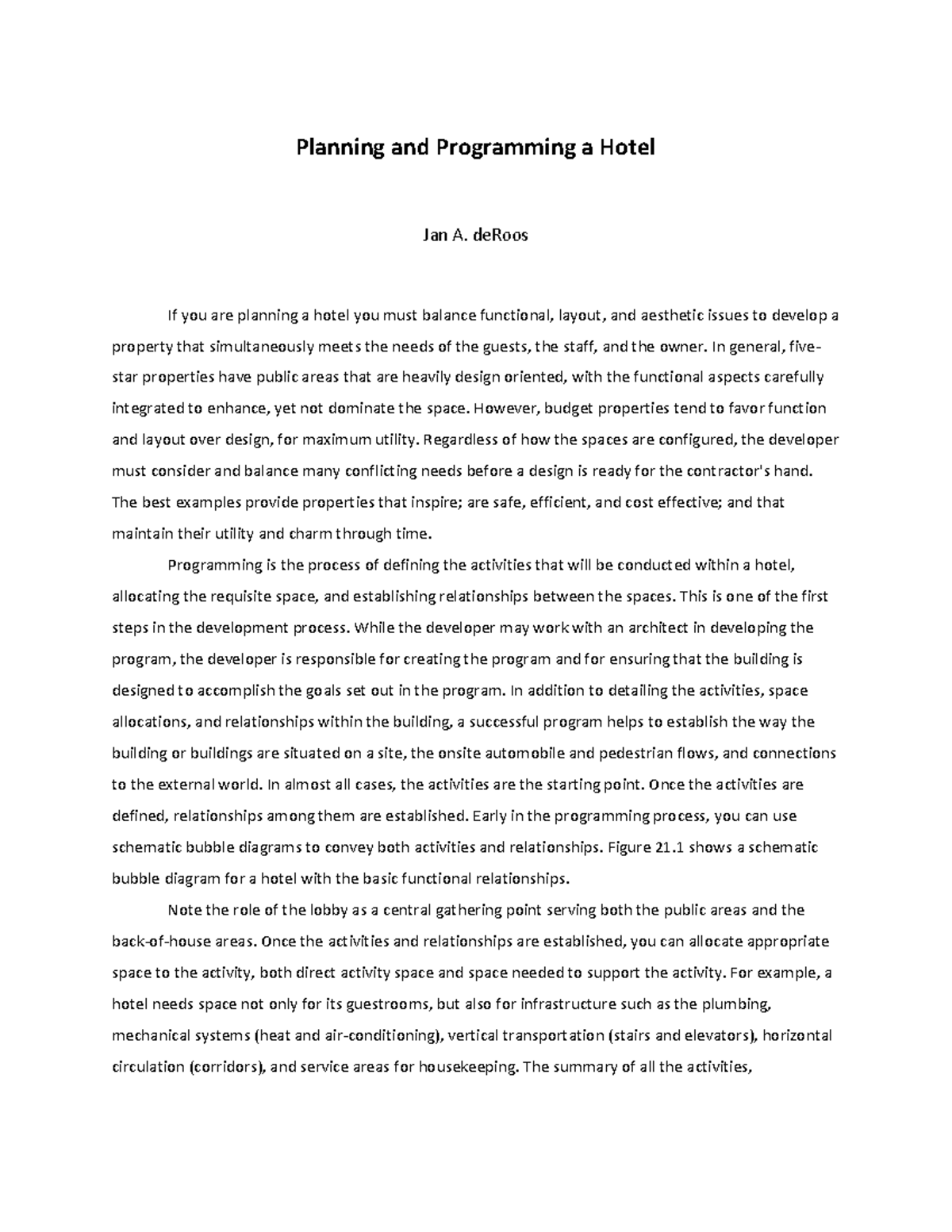 Planning Hotel - Planning and Programming a Hotel Jan A. deRoos If you ...