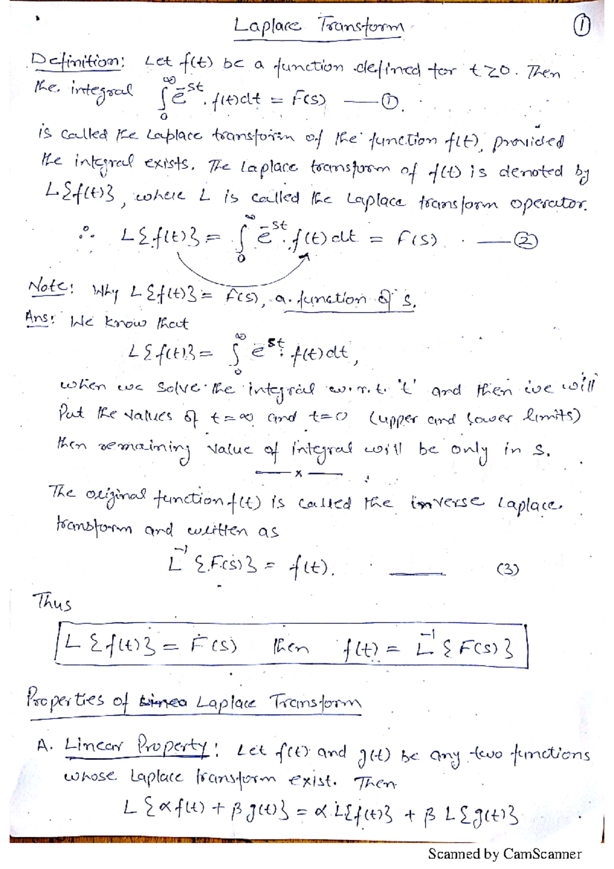 Laplace transform -1 - The Laplace transform of f(t) is denoted Efles3 ...