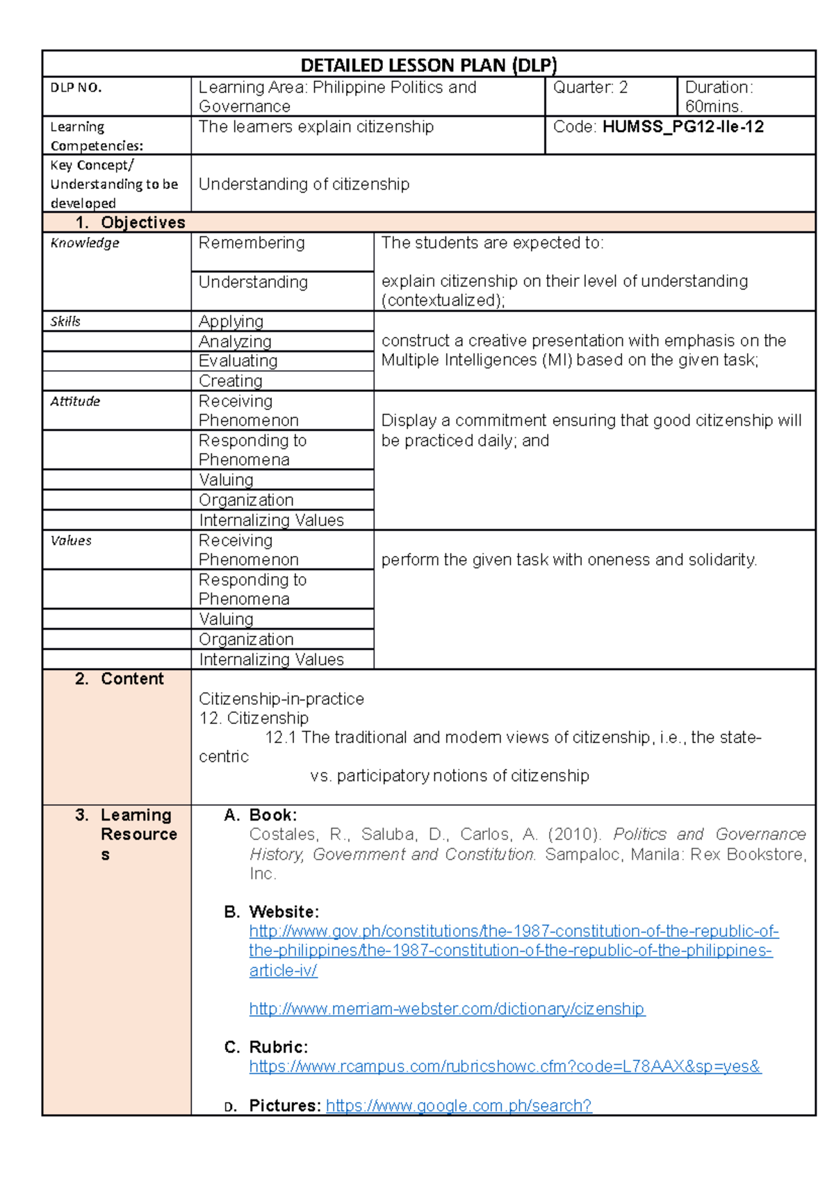 DLP For Pol Gov - ... - DETAILED LESSON PLAN (DLP) DLP NO. Learning ...