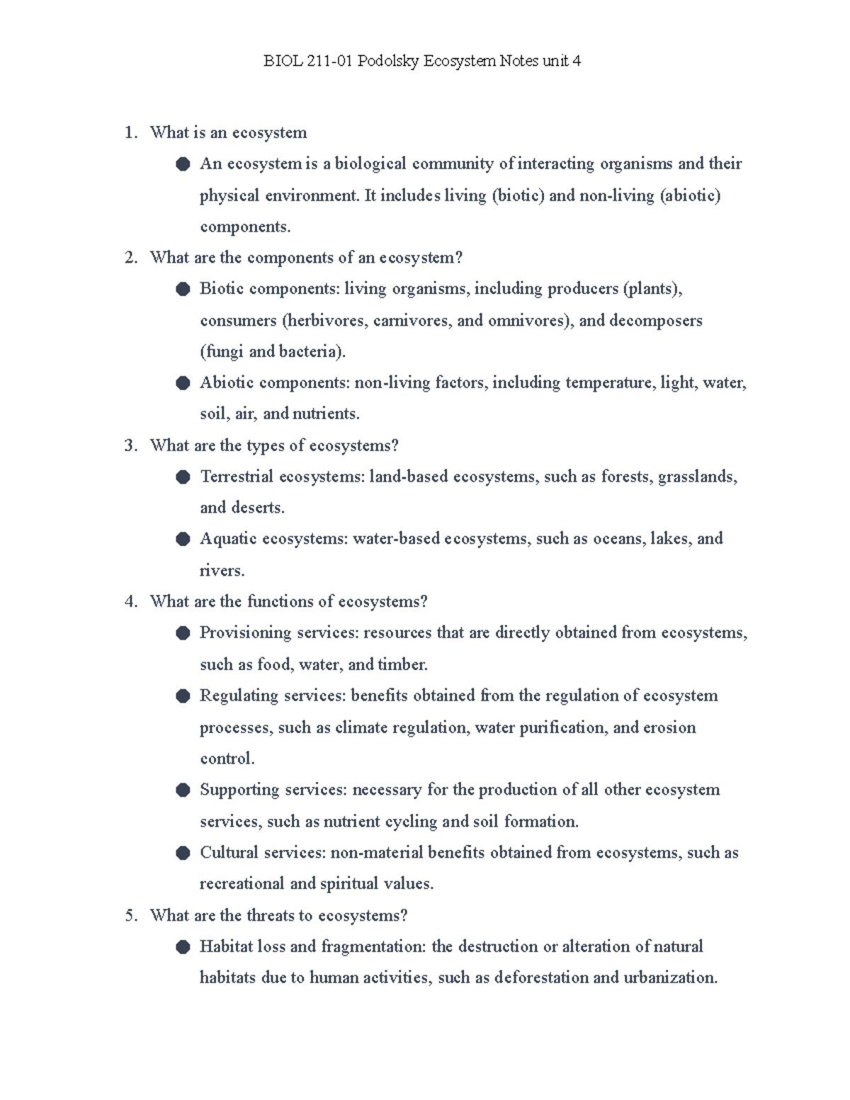 BIOL 211-01 Notes Podolsky - What Is An Ecosystem An Ecosystem Is A ...