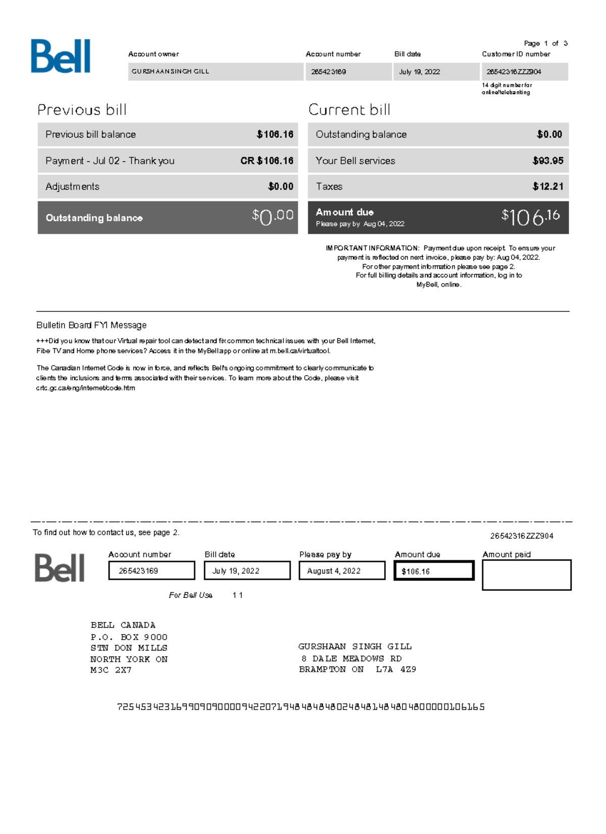 07192022 ,,,, Page 1 of 3 Account owner Account number Bill date