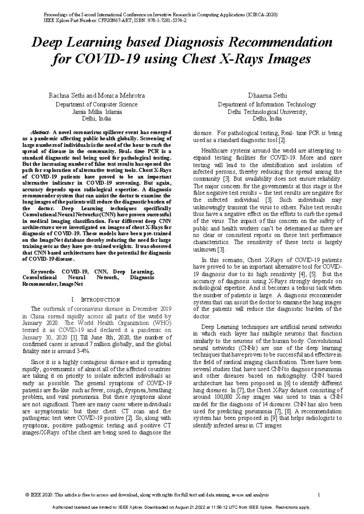 Deep Learning based Diagnosis Recommendation for Covid-19 using Chest X ...