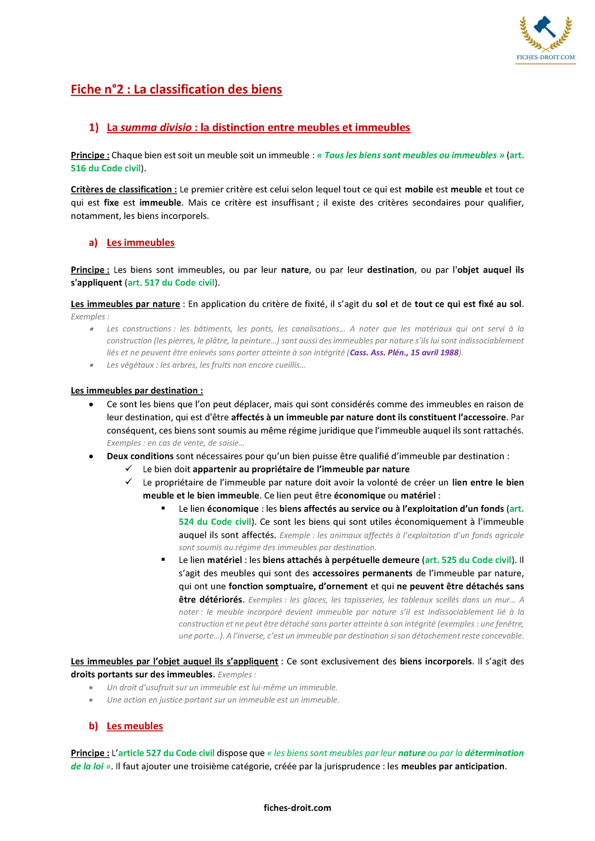 Fiche La Classification Des Biens - Fiches-droit Fiche N∞2 : La ...