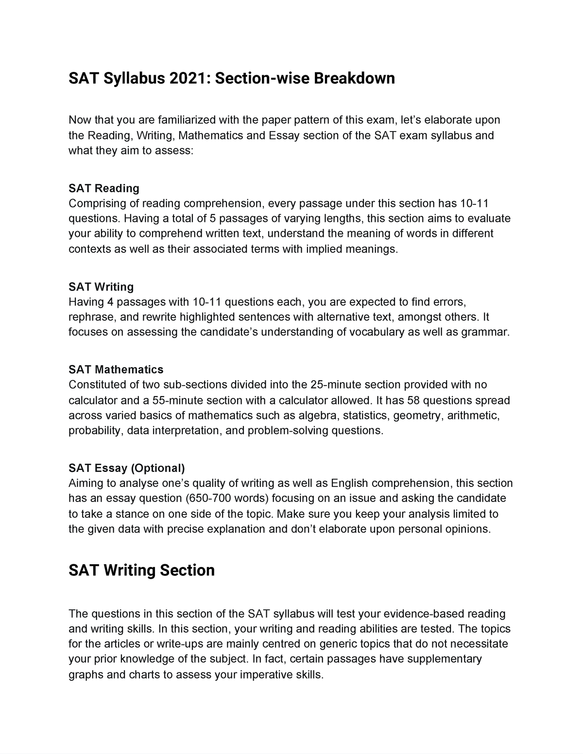 SATSyllabus SAT Syllabus 2021 Sectionwise Breakdown Now that you