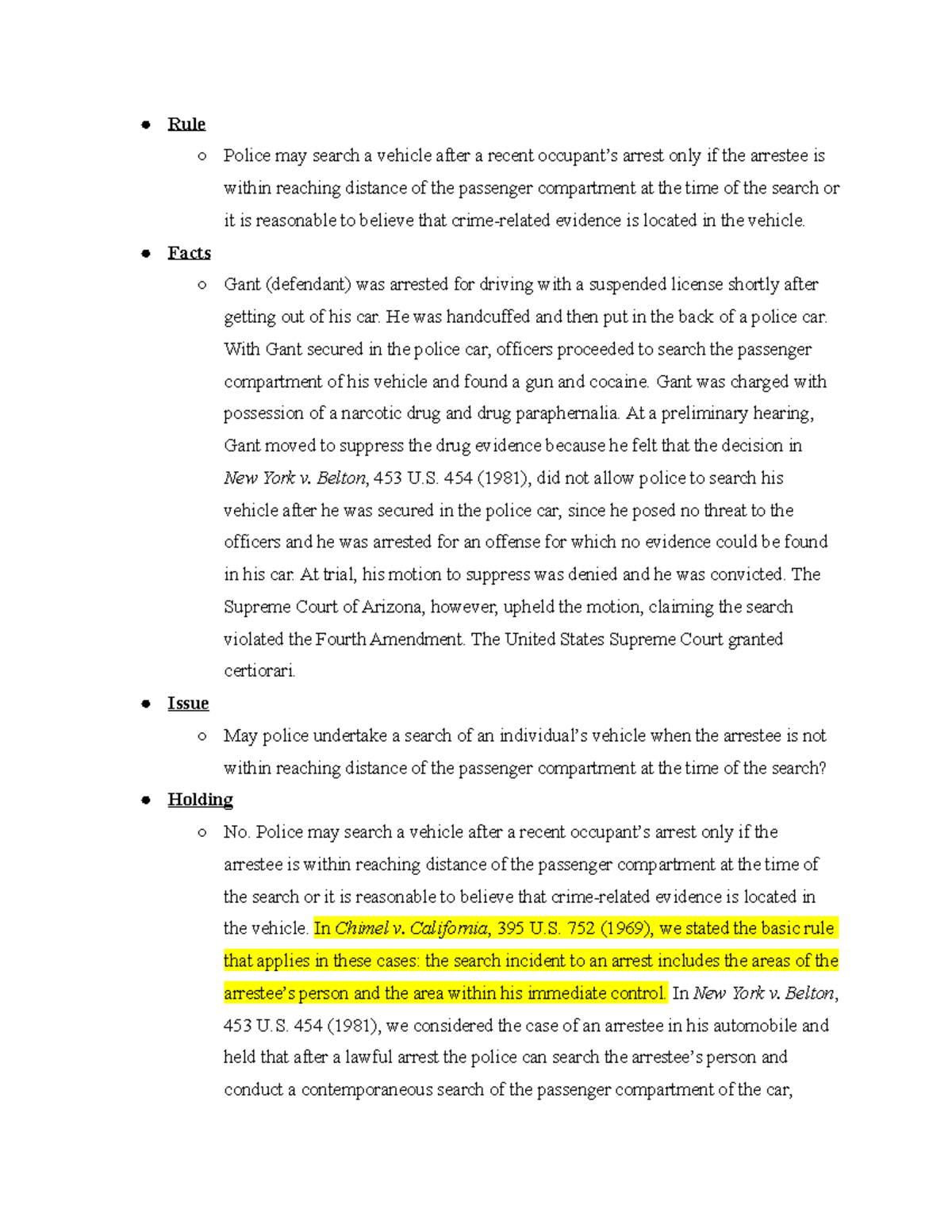 Crim Pro 2022- Arizona v. Gant - Rule Police may search a vehicle after ...