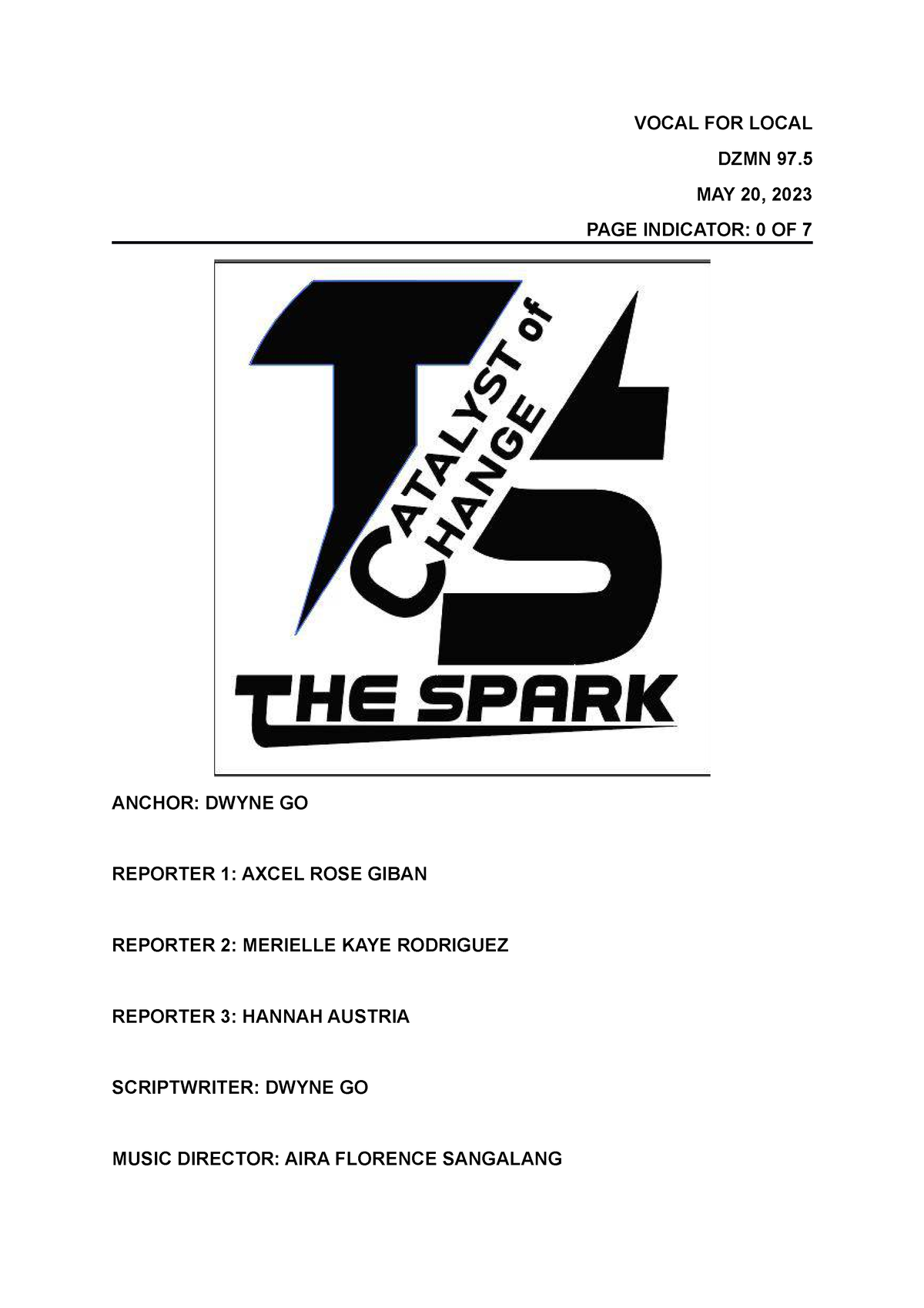 Broadcasting Script FOR DSPC - DZMN 97. MAY 20, 2023 PAGE INDICATOR: 0 ...