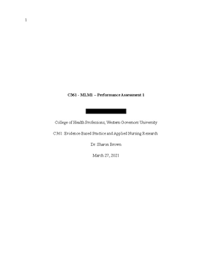 WGU C361- EBP Task 1 - Passed No Revisions - C361 – MLM1 – Performance ...