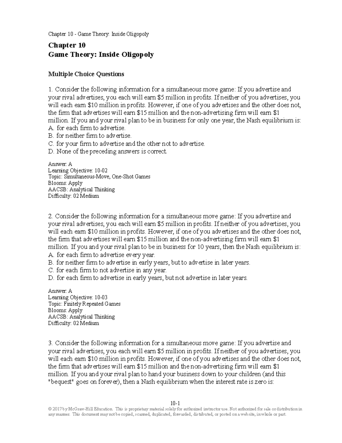 Introduction to Managerial Economics Cgms 402 - Chapter 10 Game Theory ...