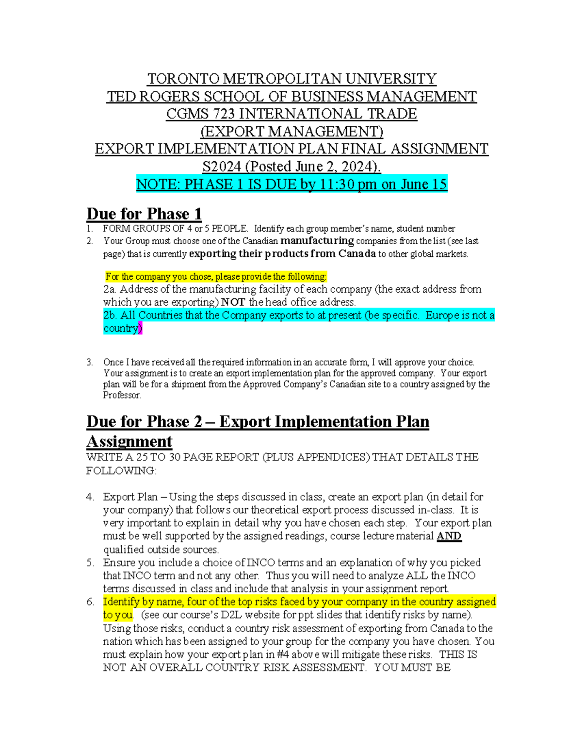 Export Implmentation Plan Assignment S 2024 - TORONTO METROPOLITAN ...