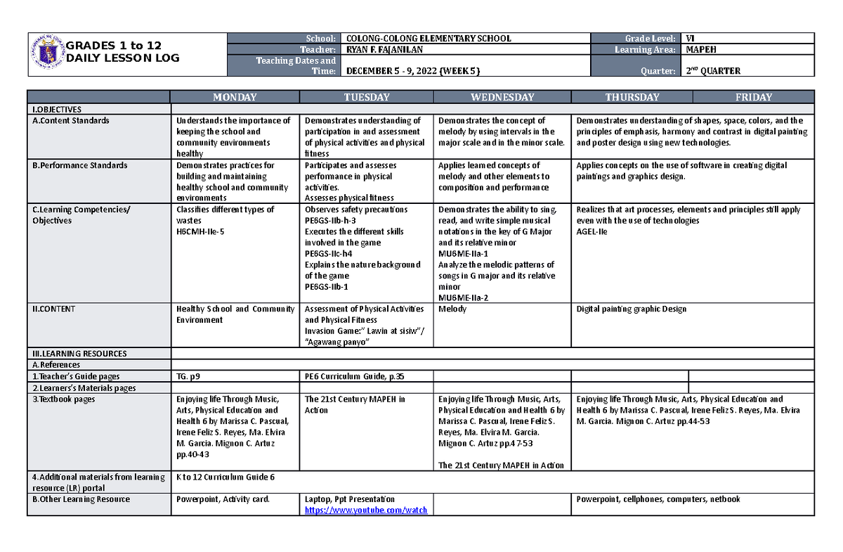 DLL Mapeh 6 Q2 W5 - Daily Lesson Log - GRADES 1 to 12 DAILY LESSON LOG ...