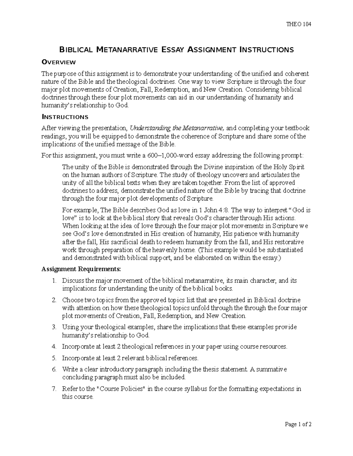 biblical metanarrative essay assignment instructions