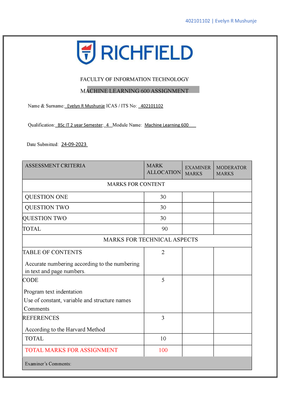 machine learning 600 assignment