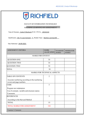 machine learning 600 assignment