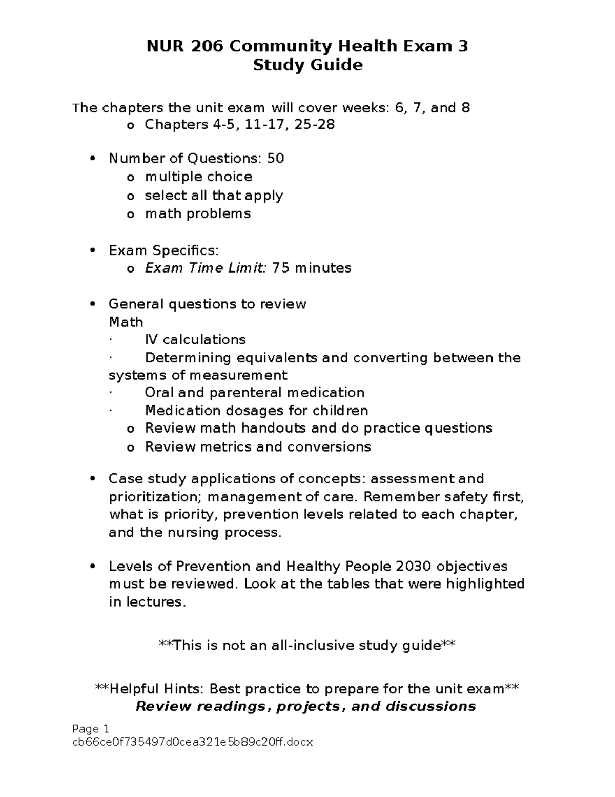 Study Guide-Exam 3 Community Health - Study Guide The Chapters The Unit ...