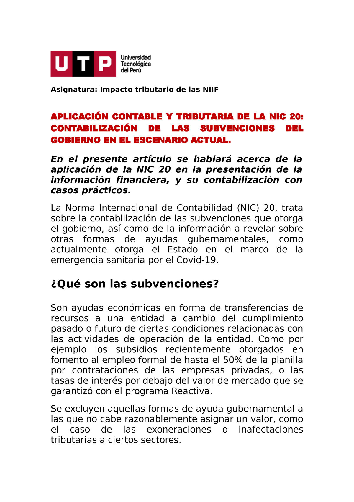 Caso Practico 2 Nic 20 Ejemplo Práctico Asignatura Impacto Tributario De Las Niif 3662