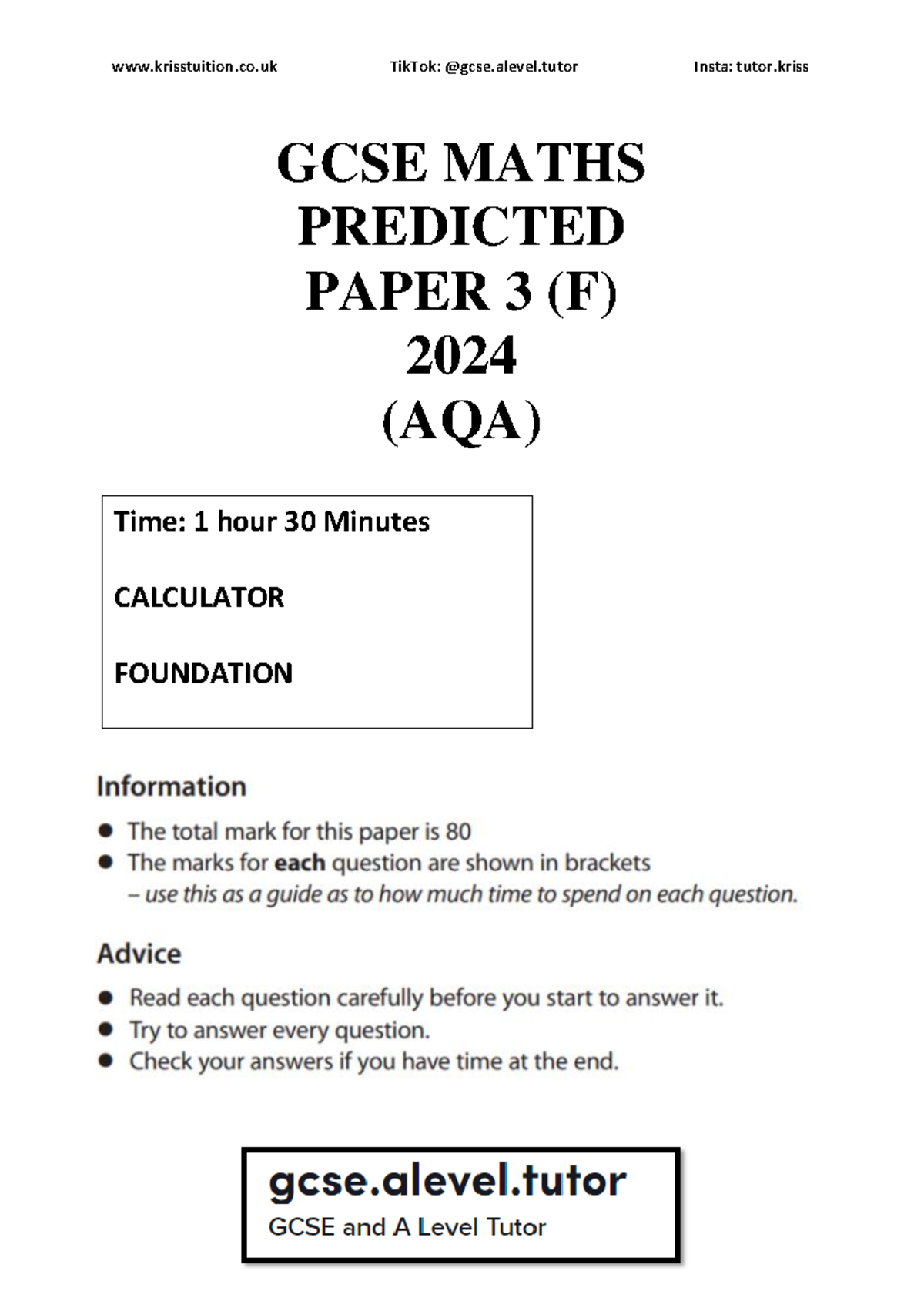 2024 Predicted AQA Maths Paper 3 (F) - GCSE MATHS PREDICTED PAPER 3 (F ...