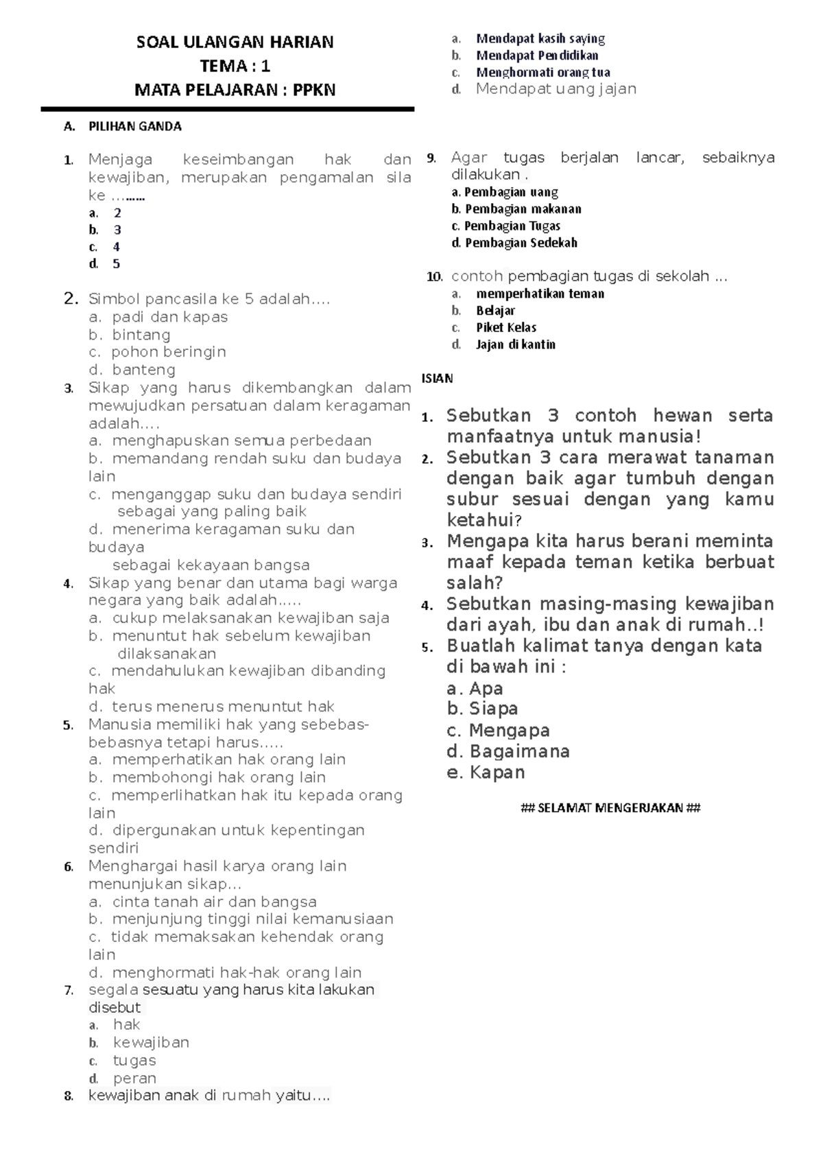 SOAL Ulangan Harian PKN - SOAL ULANGAN HARIAN TEMA : 1 MATA PELAJARAN ...