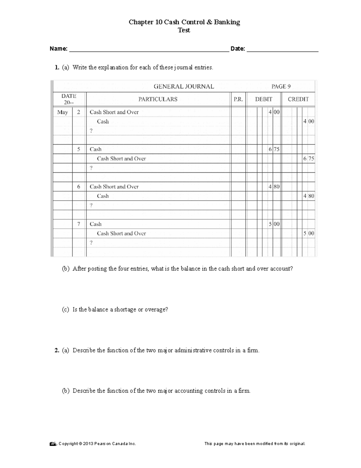 Chapter 10 Test test Chapter 10 Cash Control & Banking Test Name Studocu