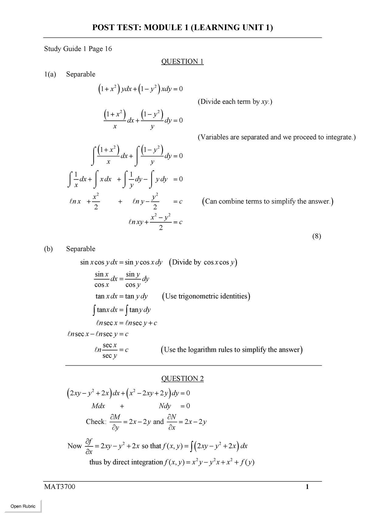 Study guide 1 Post-test Soultions - POST TEST: MODULE 1 (LEARNING UNIT ...