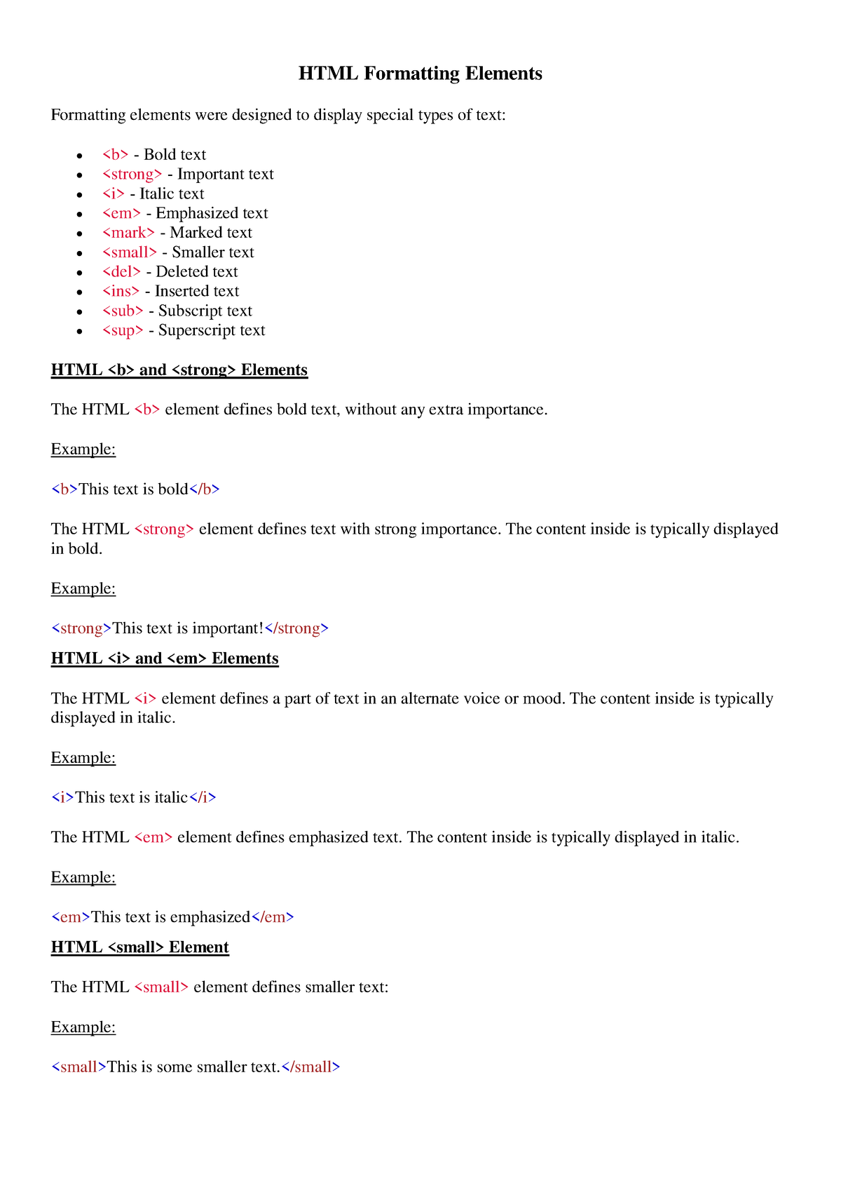 HTML Formatting Elaments - HTML Formatting Elements Formatting Elements ...